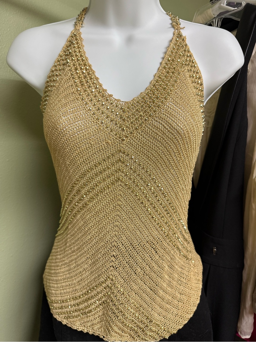 Vintage Y2K Gold Metallic Crochet Halter Tank Top